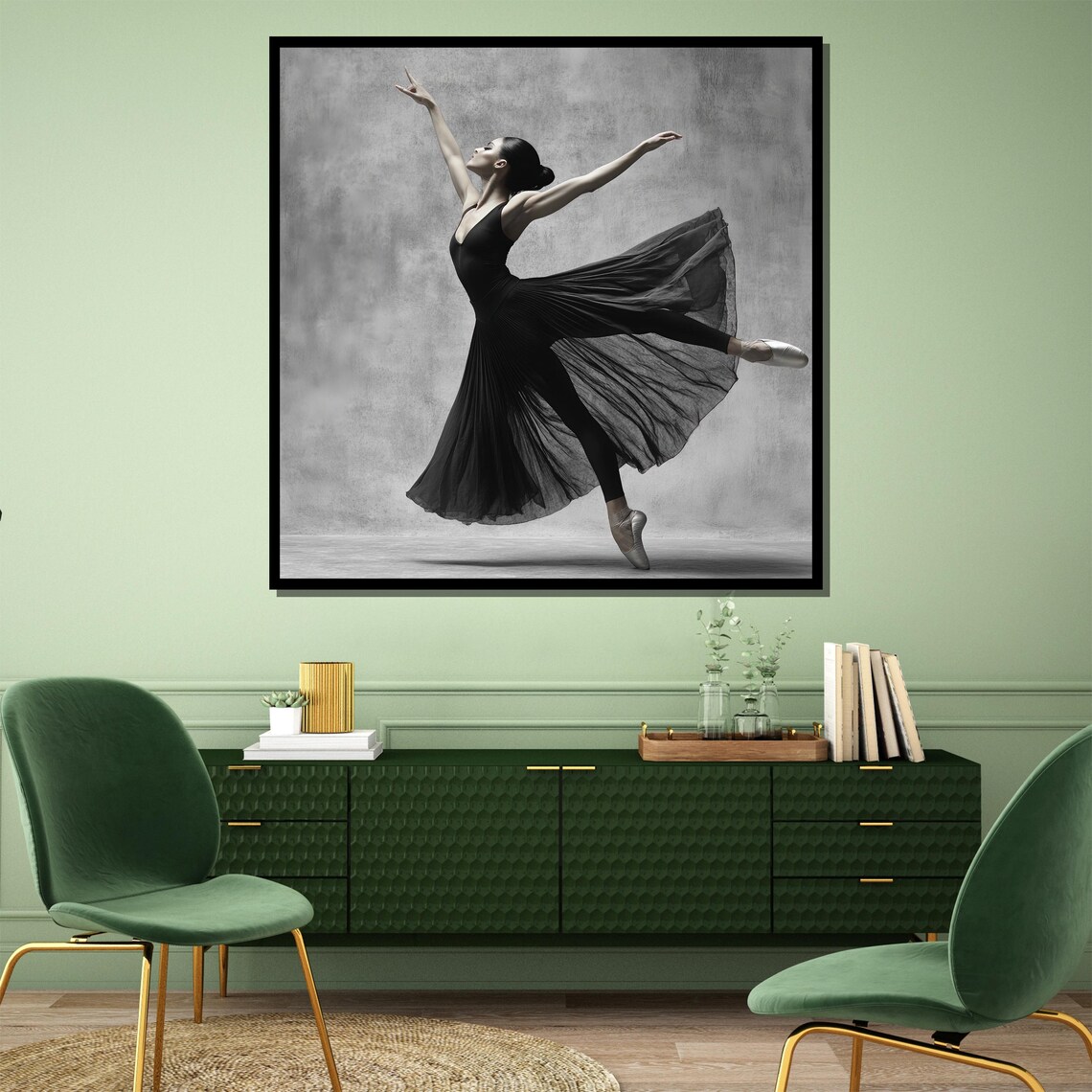 Black and White Ballerina in Flowing Dark Dress Leaping Poster - Image 4