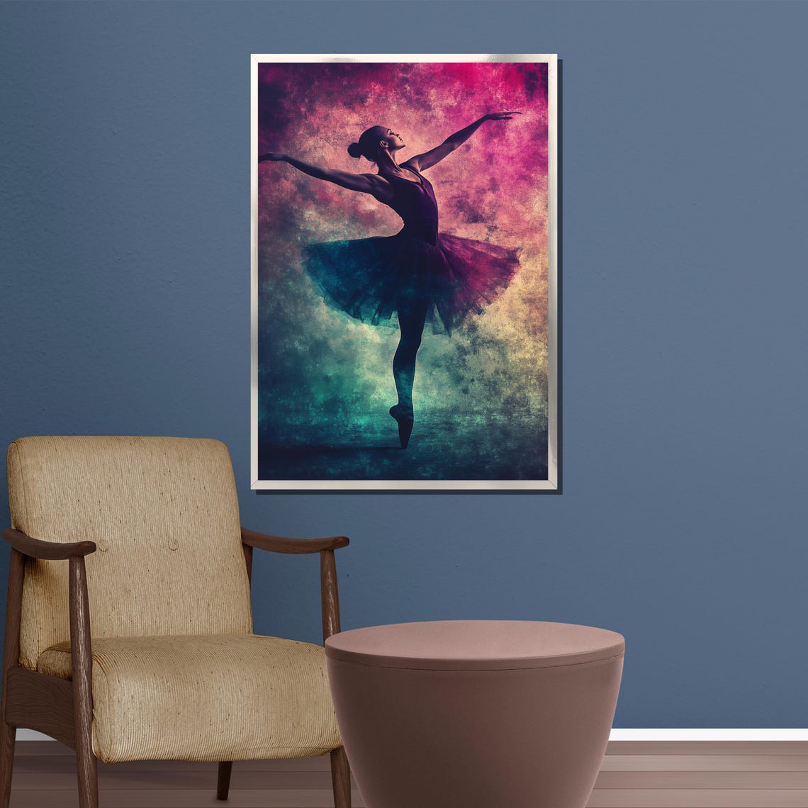 Colorful Ballerina Silhouette Dancing in Pink and Teal Grunge Poster - Image 3