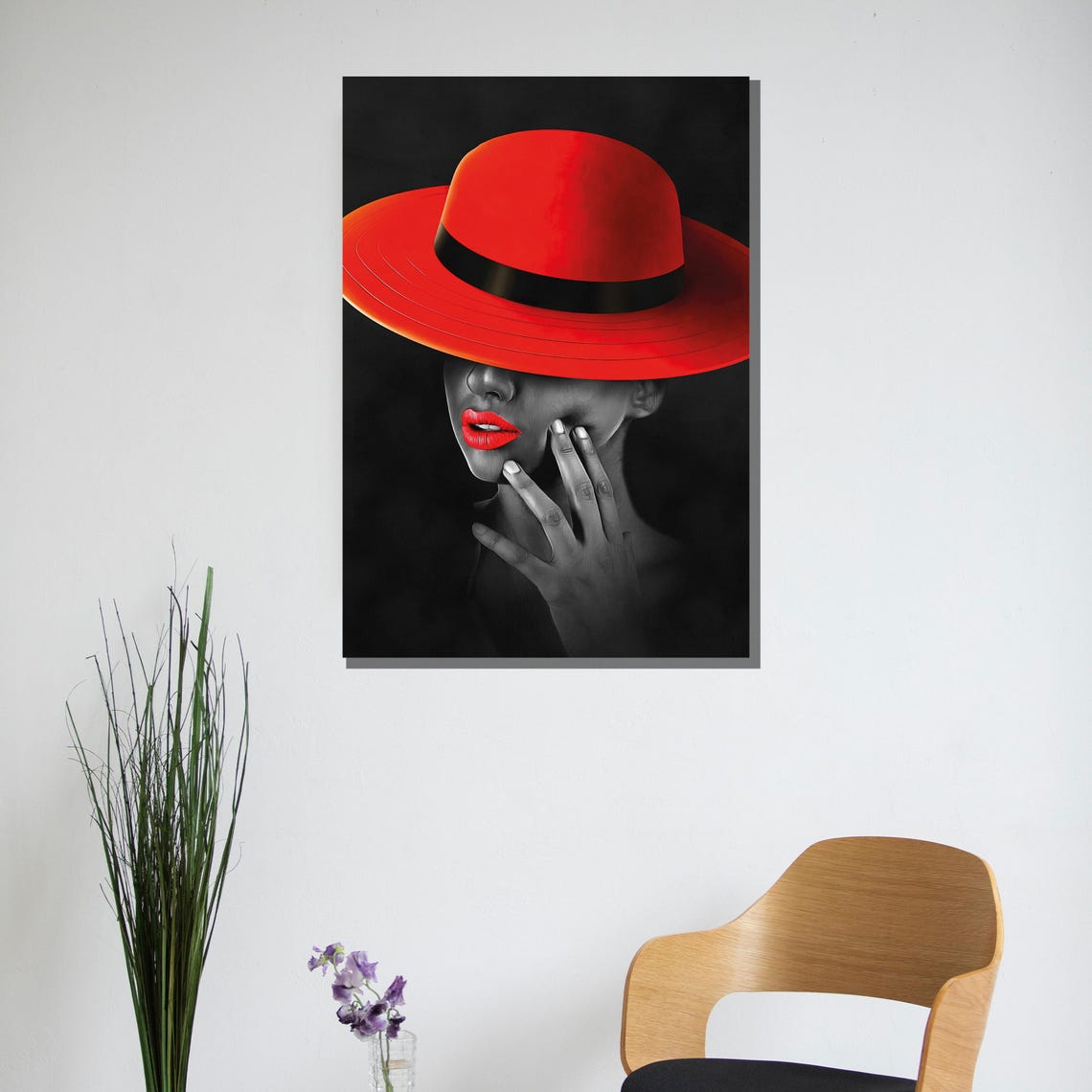 Dramatic Lady In Red Hat And Red Lips In Black Red Contrast Poster - Image 2