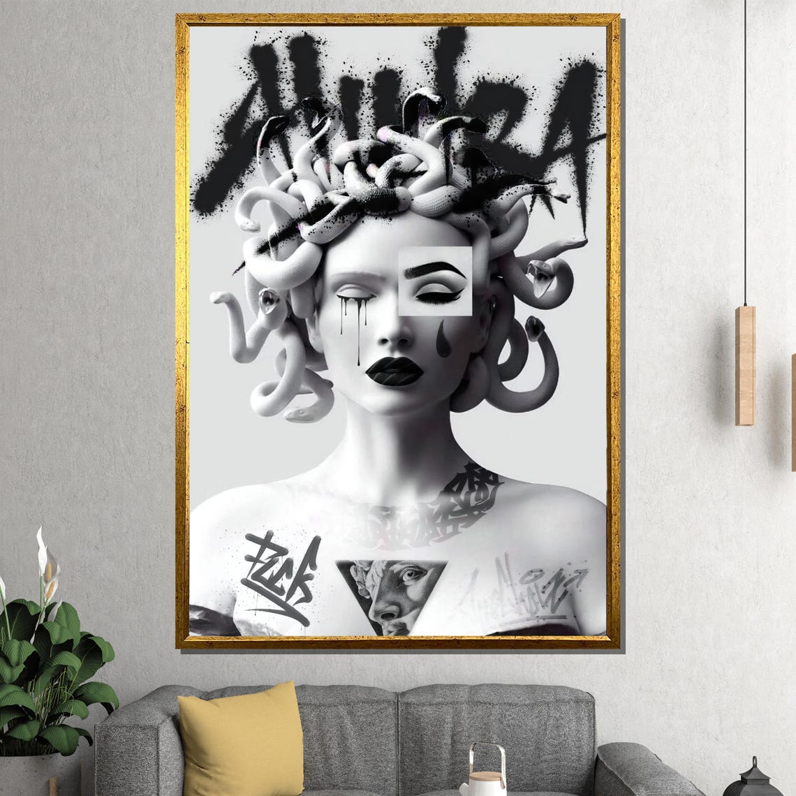 Black and White Graffiti Medusa With Snake Hair Bold Art Poster