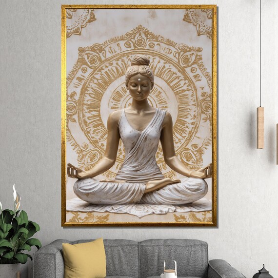 Golden Meditating Goddess Statue With Mandala Spiritual Poster