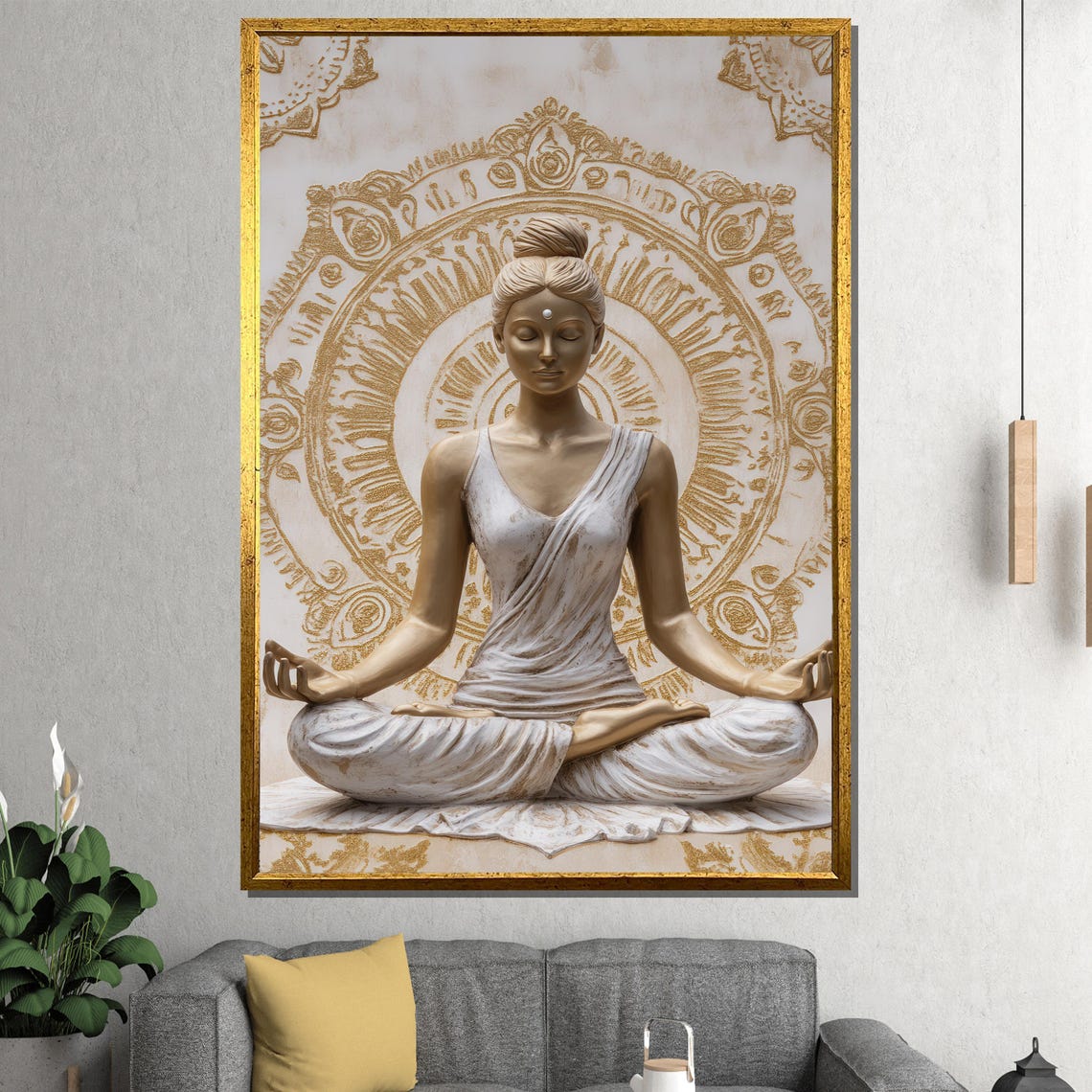 Golden Meditating Goddess Statue With Mandala Spiritual Poster