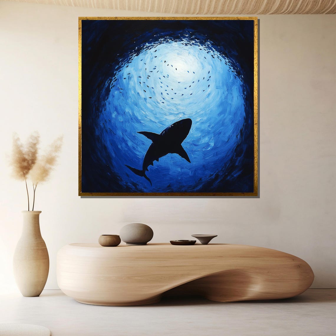 Shark Silhouette Gliding Through a Deep Blue Ocean Swirl Poster