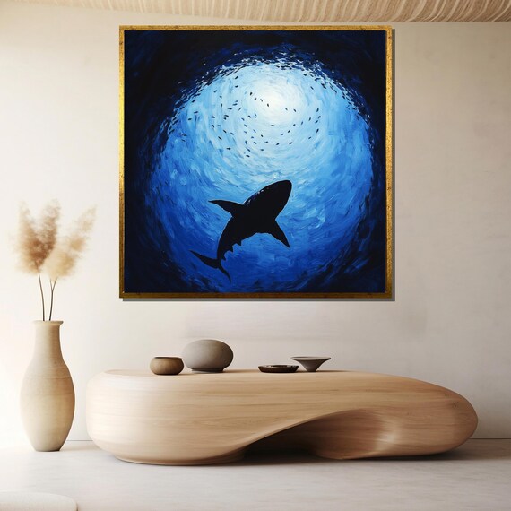 Shark Silhouette Gliding Through a Deep Blue Ocean Swirl Poster