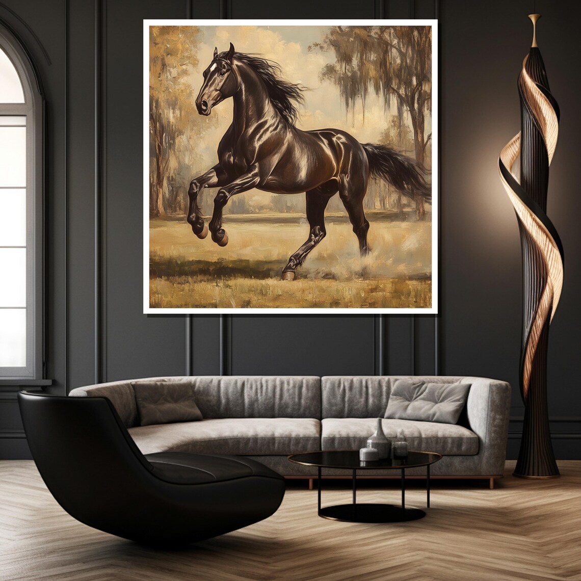 Black Horse Galloping Freely in a Golden Sunlit Field Poster - Image 2