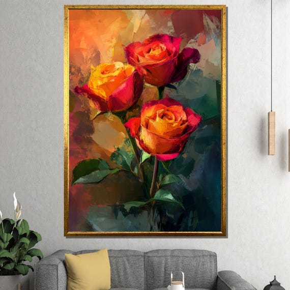 Vibrant Red And Orange Rose Painting Bold Floral Wall Art For Living Room Or Bedroom Unique Gift For Modern Interiors
