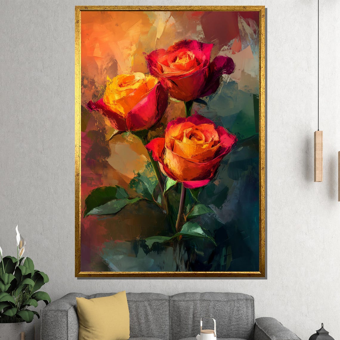Beautiful Red and Orange Roses Bold Floral Impressionist Poster
