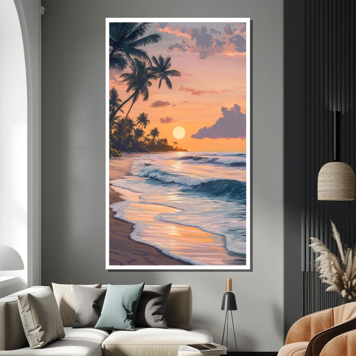 Serene Tropical Sunset Beach With Palm Trees Ocean Waves Poster - Image 2