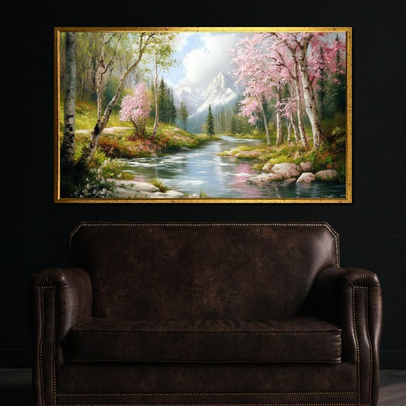 Spring Mountain Stream With Blossoming Trees Painting Stunning Wall Art Gift For White Room And Nature Home Decor
