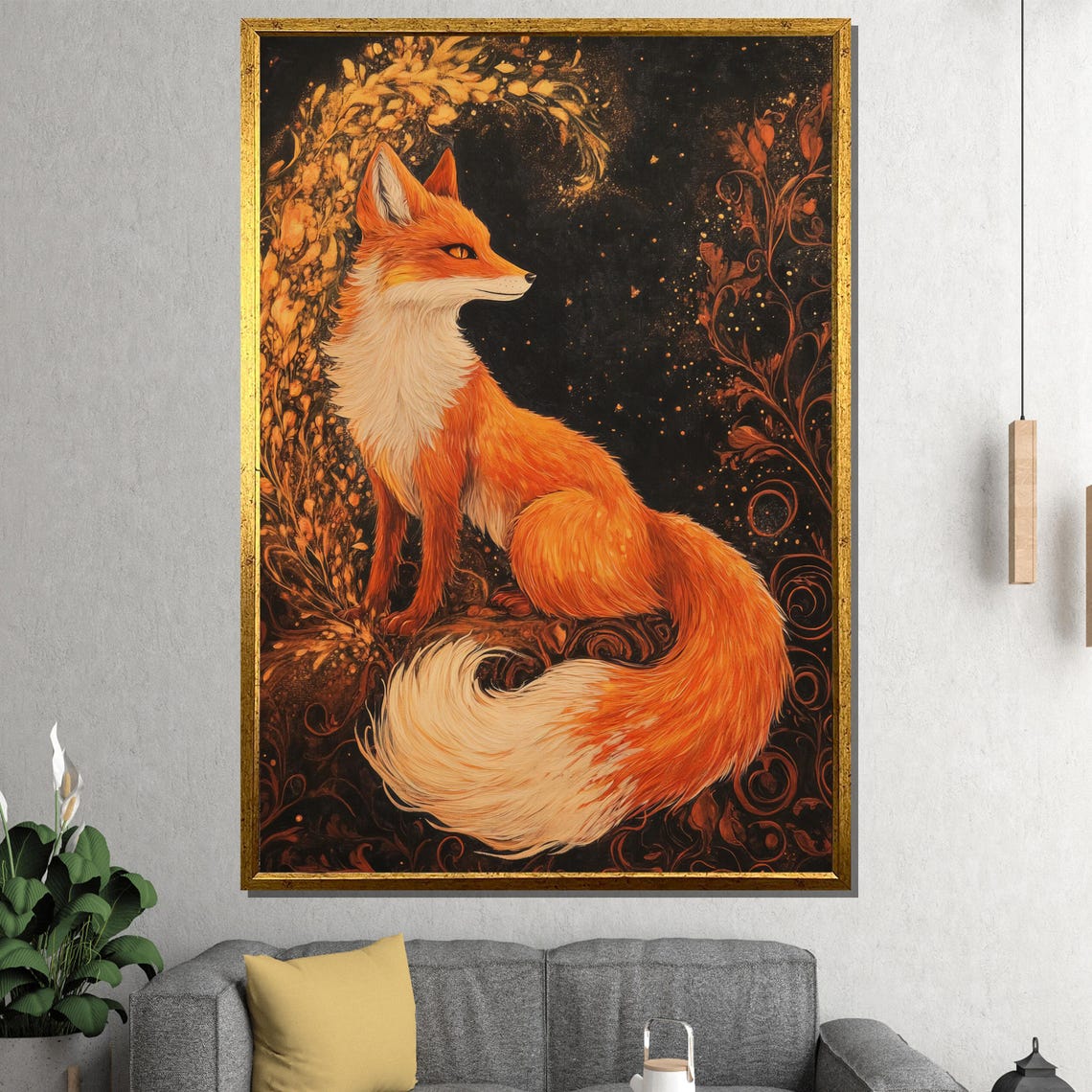 Fiery Red Fox With Golden Botanical Florals Dark Elegant Poster