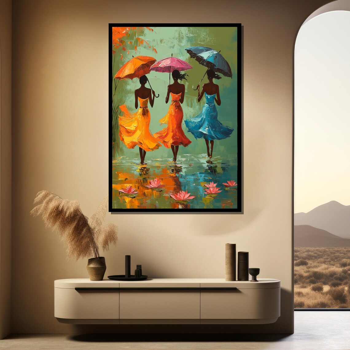 Three Women Colorful Umbrellas Rain Lotus Reflections Art Print - Image 5