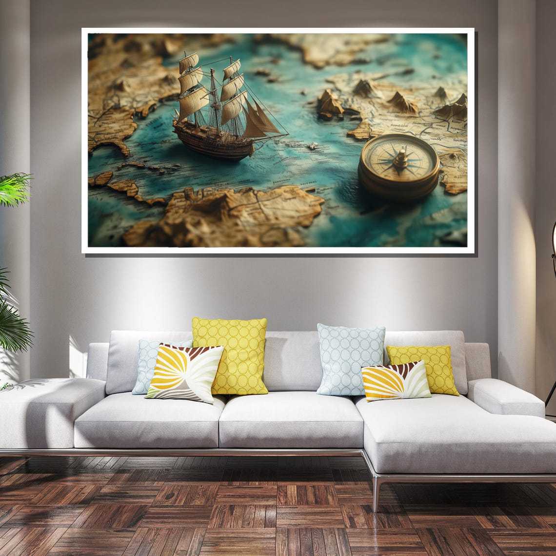 Antique Tall Ship Vintage World Map and Compass Nautical Poster - Image 2