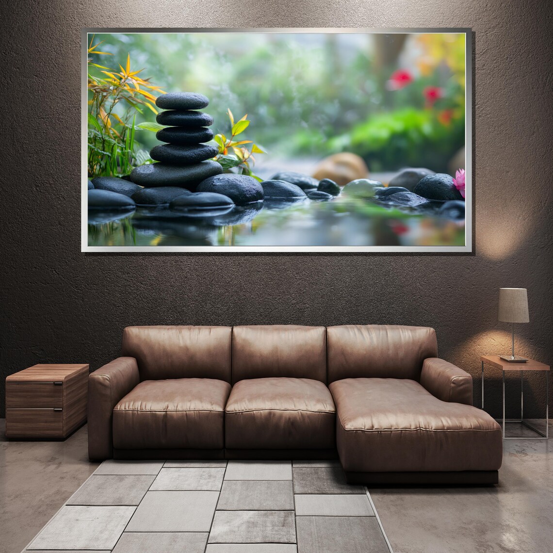 Stacked Dark Zen Stones by the Water in a Lush Garden Poster - Image 3
