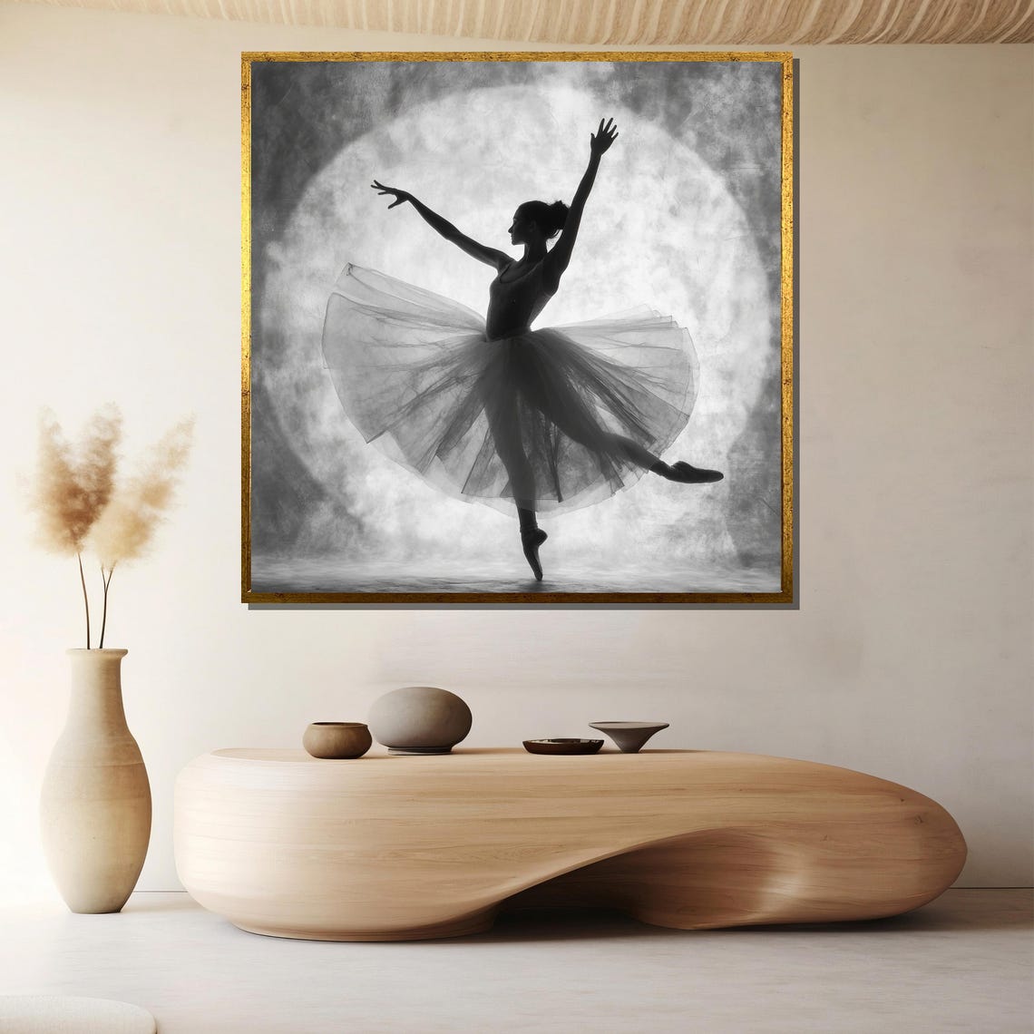 Monochrome Ballerina Dancing Before a Luminous Moon Circle Poster