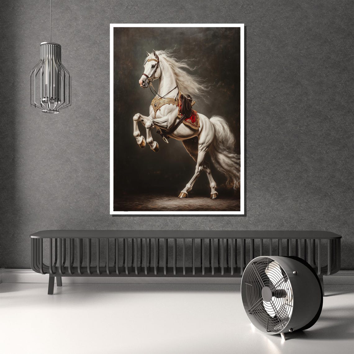 White Stallion Rearing in Ornate Gold Tack Baroque Horse Poster - Image 2