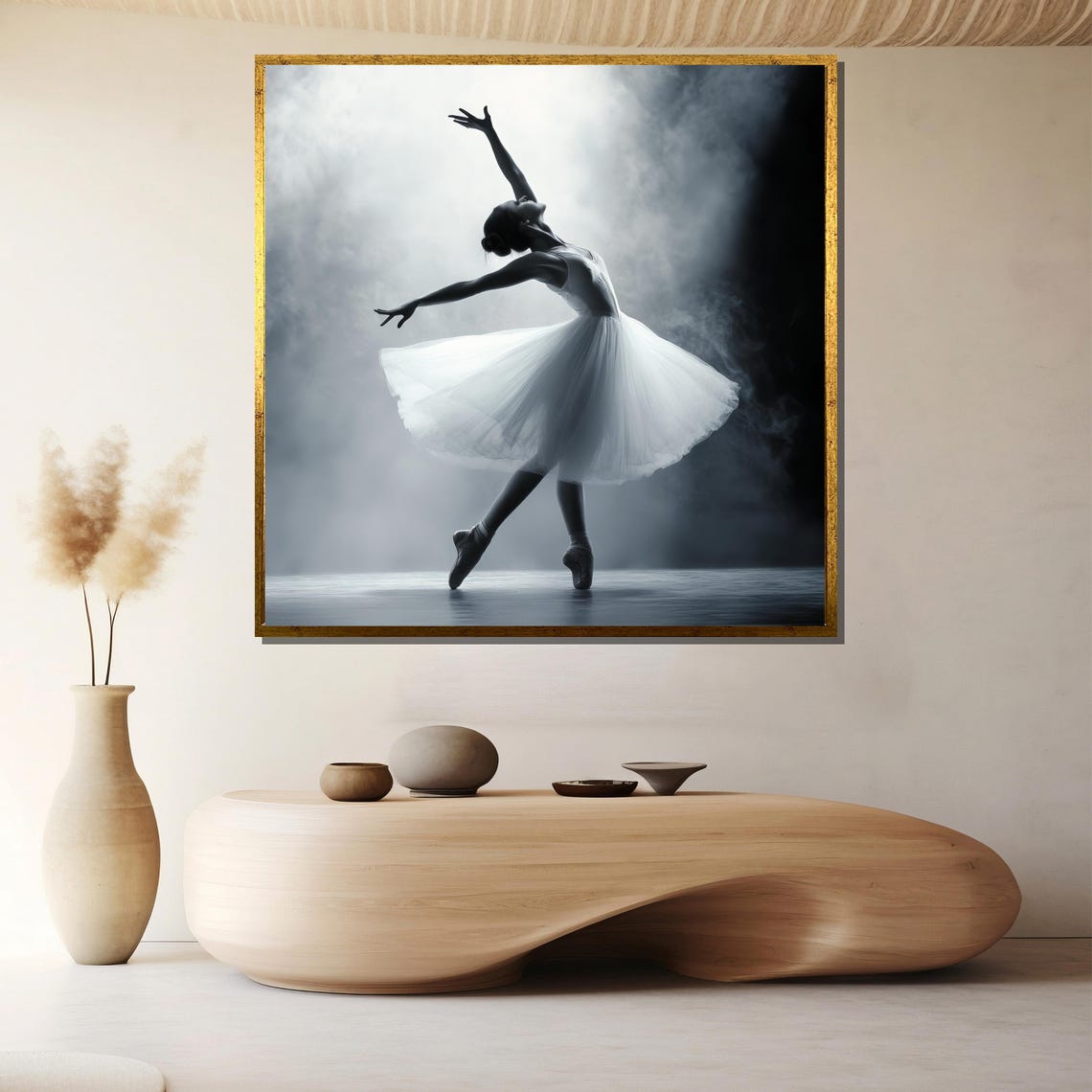 Monochrome Ballerina in a White Tutu on a Smoky Stage Poster