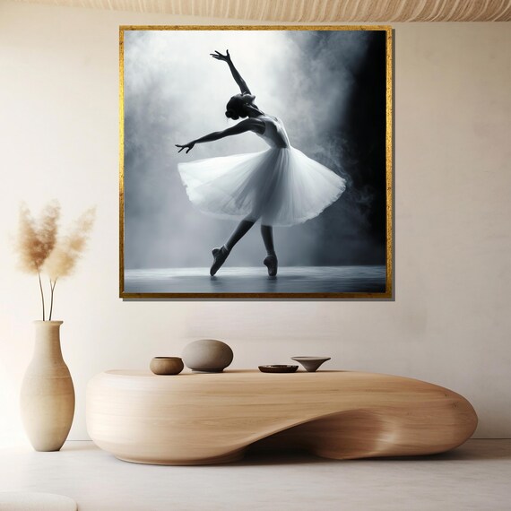 Monochrome Ballerina in a White Tutu on a Smoky Stage Poster