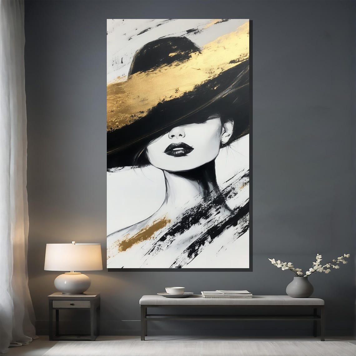 Abstract Woman Portrait In Black White And Gold With Hat Poster - Image 2
