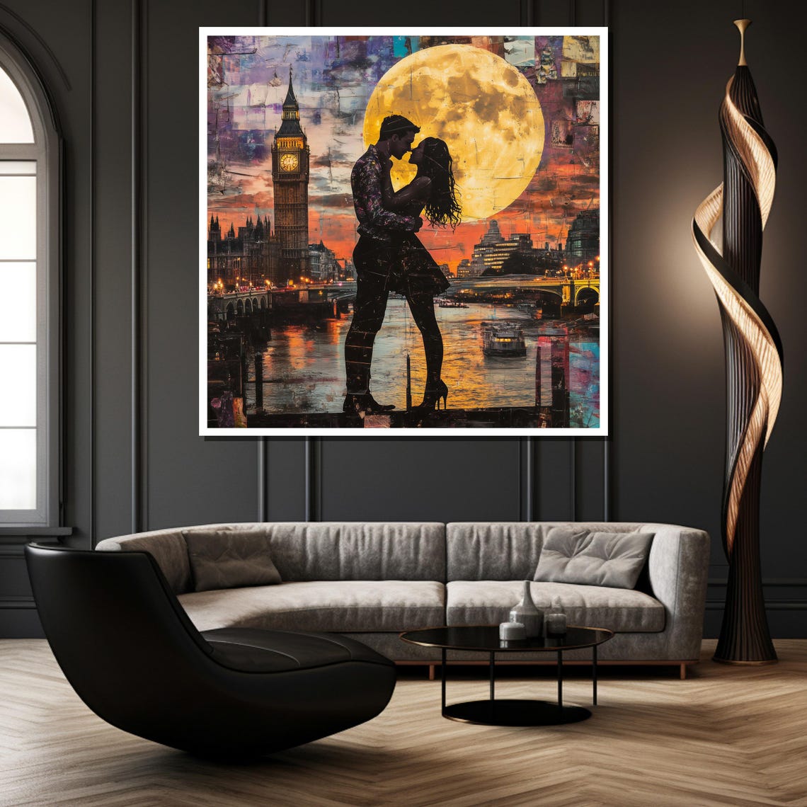 London Full Moon Romance Couple Skyline Big Ben Painting Poster - Image 4