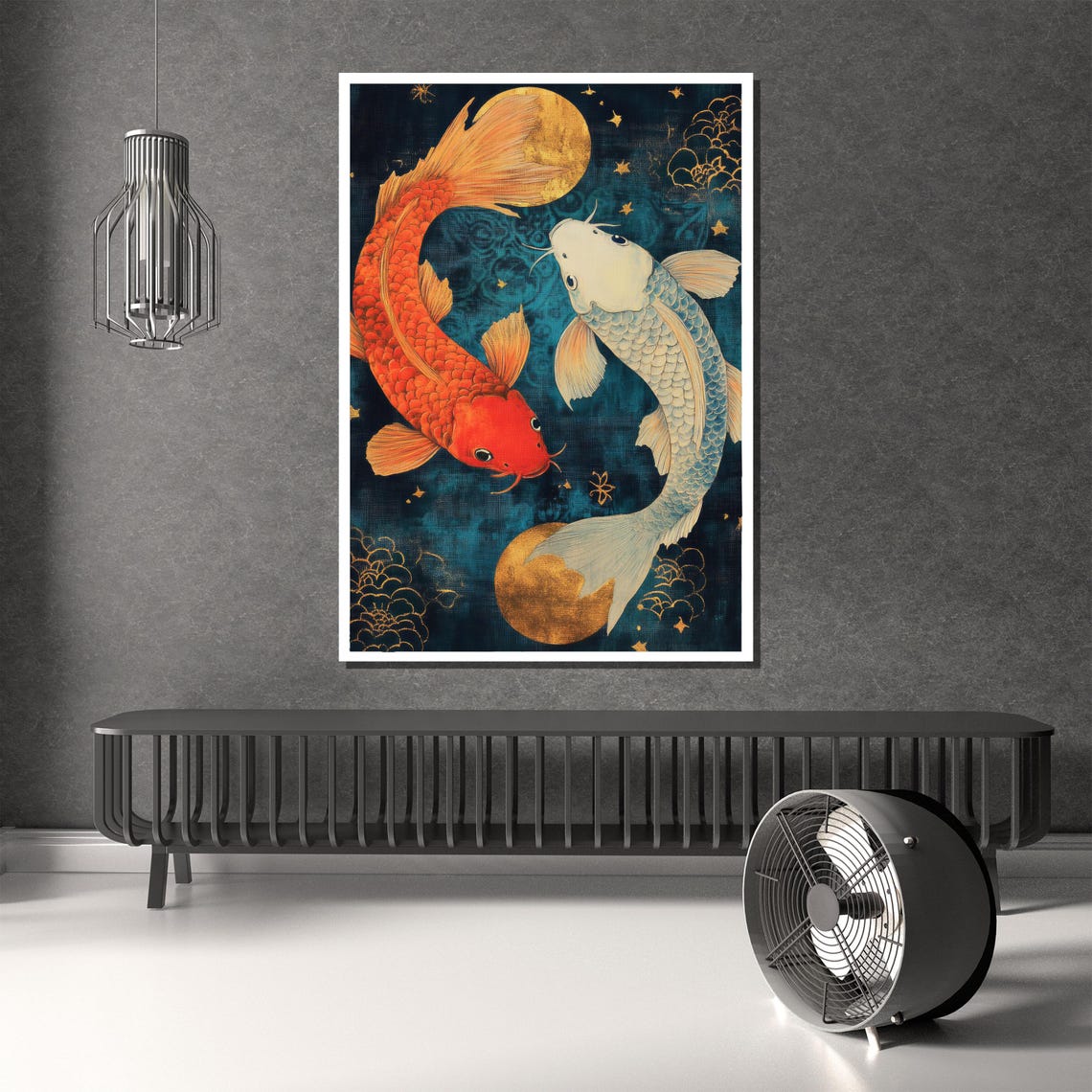 Two Koi Fish in Yin Yang Formation with Golden Moons Art Poster - Image 2