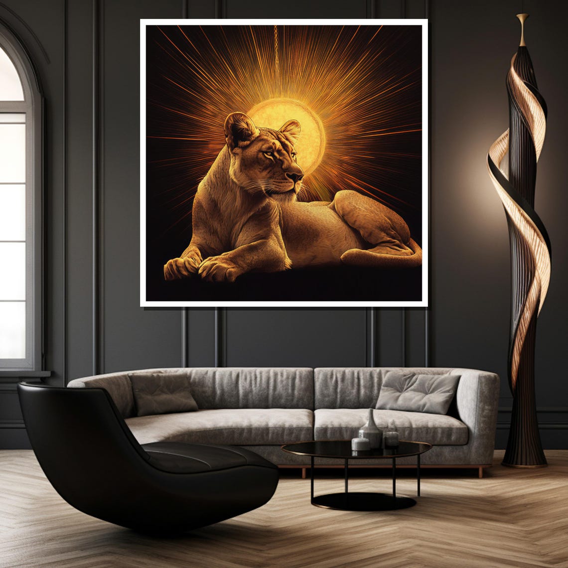 Reclining Lioness Before Radiant Sunburst Halo Golden Poster - Image 2