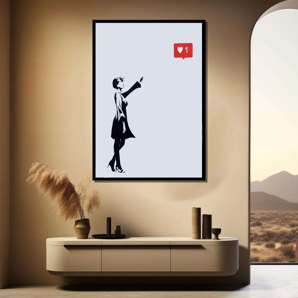 Stencil Woman Releasing A Bird Toward A Red Like Icon Poster - Image 4