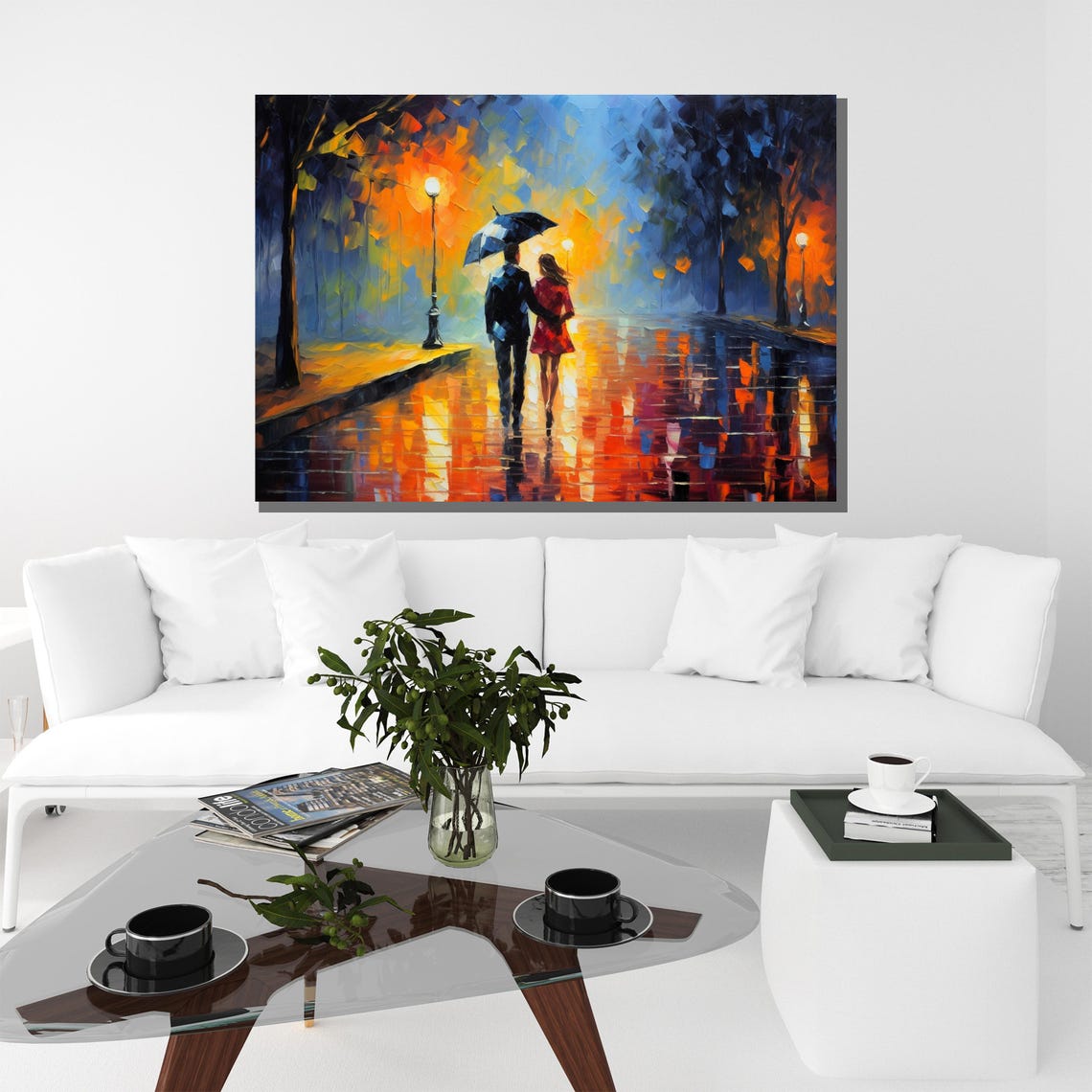 Romantic Couple Under Umbrella On A Rainy Night Street Poster - Image 2