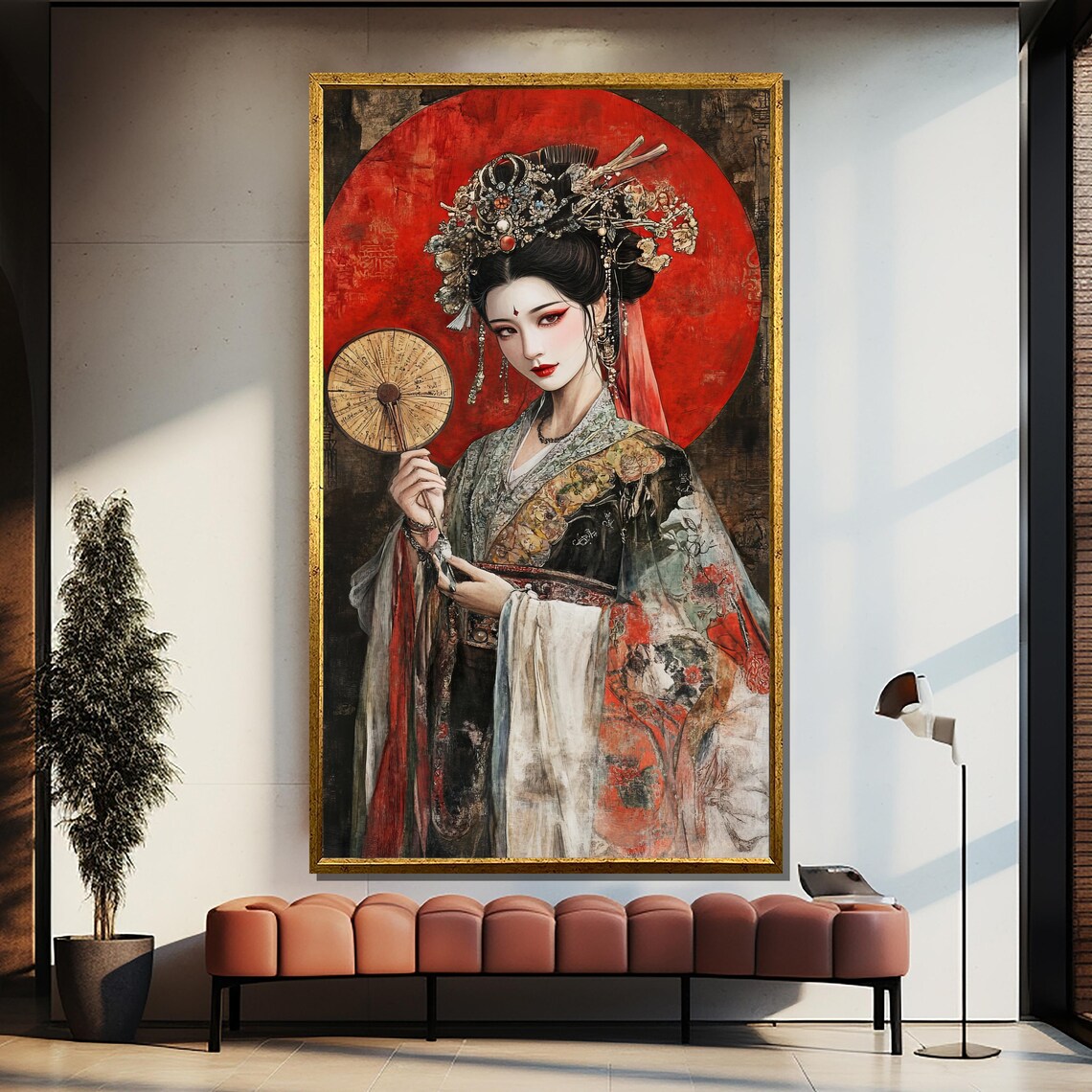 Elegant Geisha in Ornate Kimono Before Blazing Red Sun Art Poster