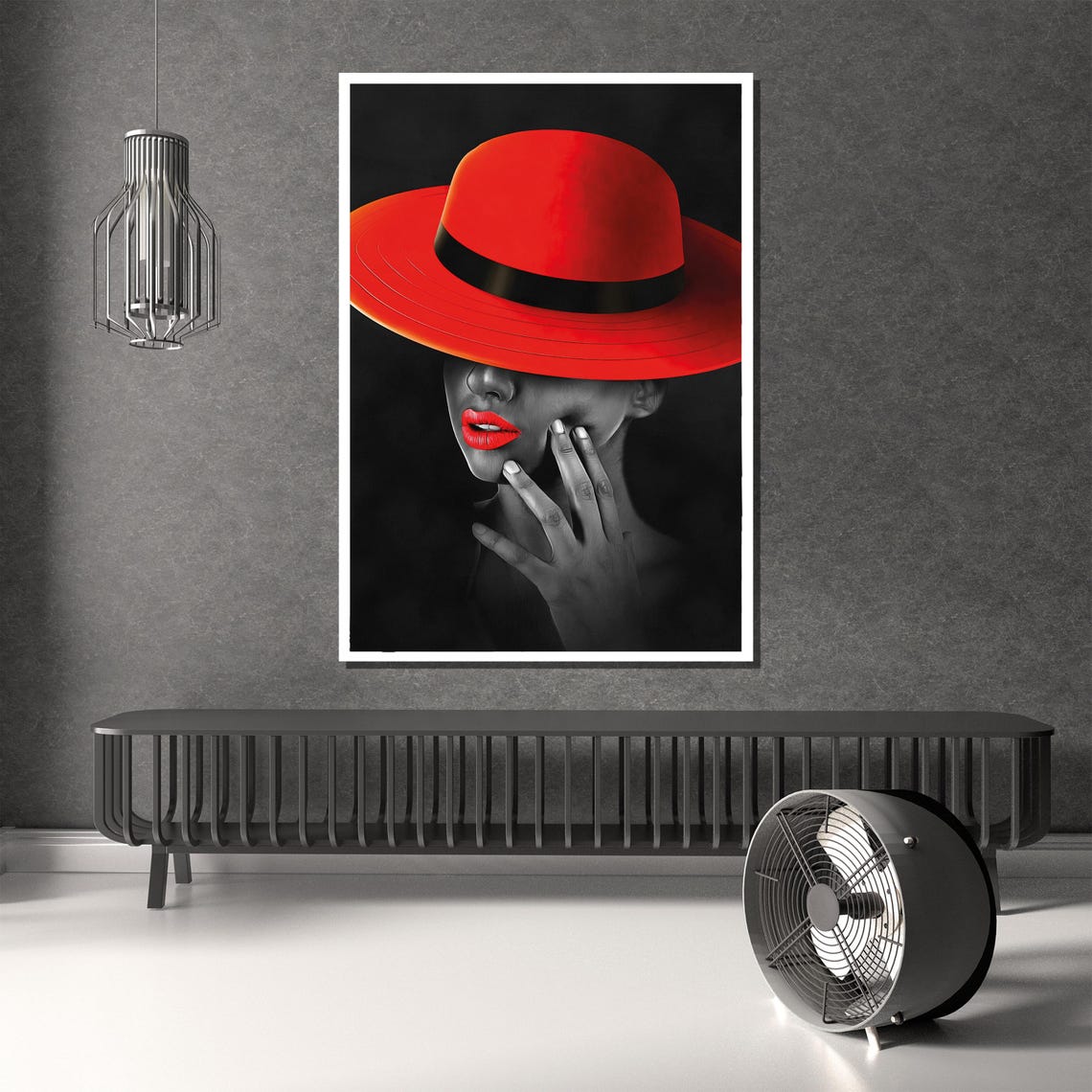 Dramatic Lady In Red Hat And Red Lips In Black Red Contrast Poster - Image 3