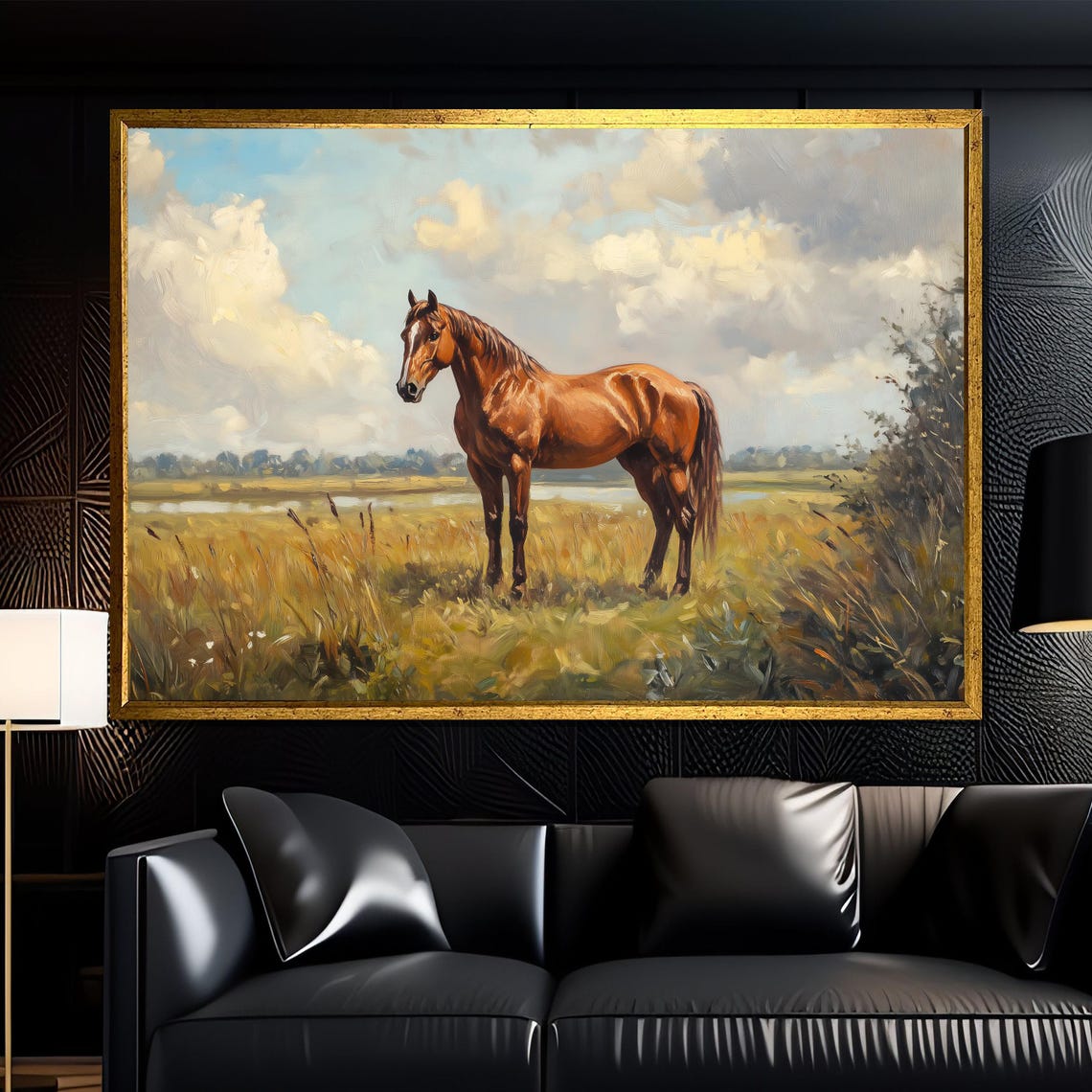 Chestnut Horse Standing In Golden Meadow Cloudy Sky Vintage Poster
