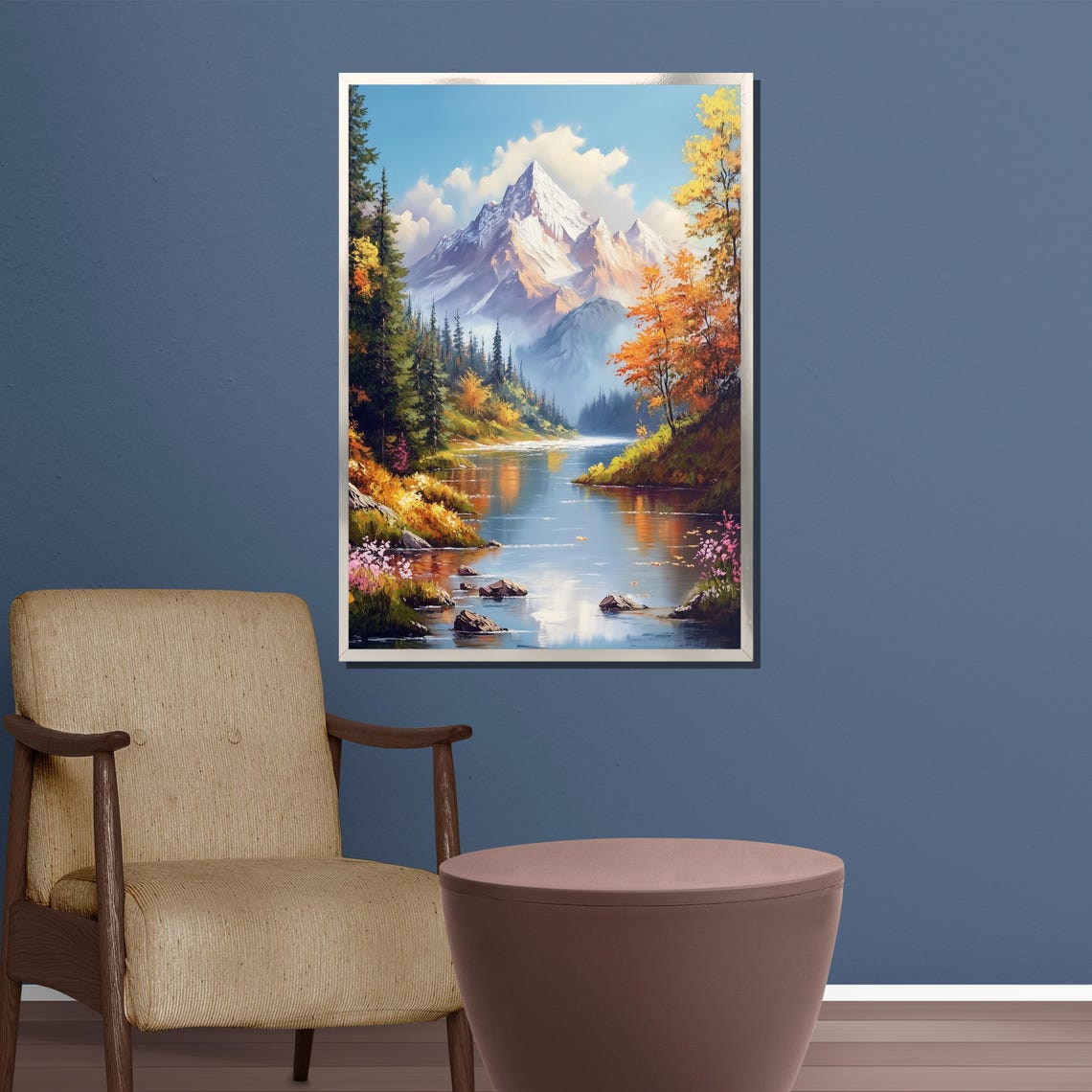 Mountain Landscape Painting Vibrant Nature Wall Art River And Forest Scene Gift For Home Decor - Image 4