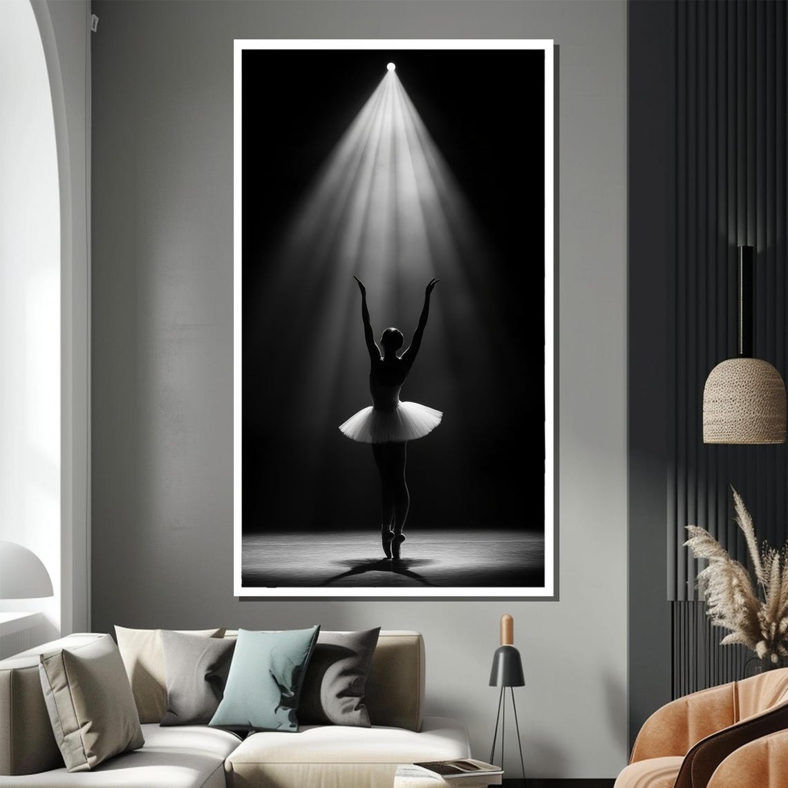 Ballerina Under a Single Spotlight in Black and White Poster - Image 2
