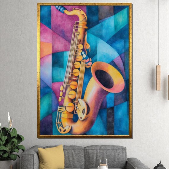 Golden Saxophone Purple Teal Cubist Jazz Painting Wall Poster