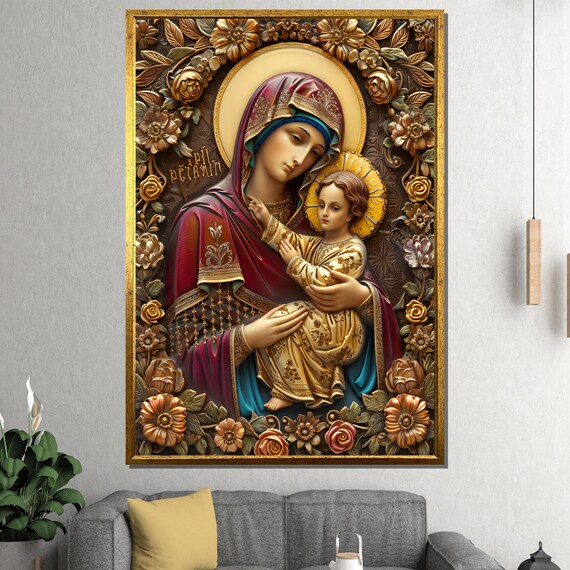 Madonna and Child Ornate Golden Floral Icon Religious Poster