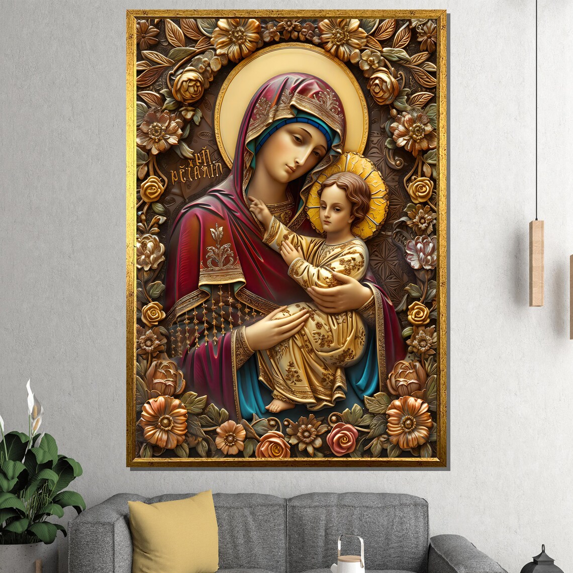 Madonna and Child Ornate Golden Floral Icon Religious Poster