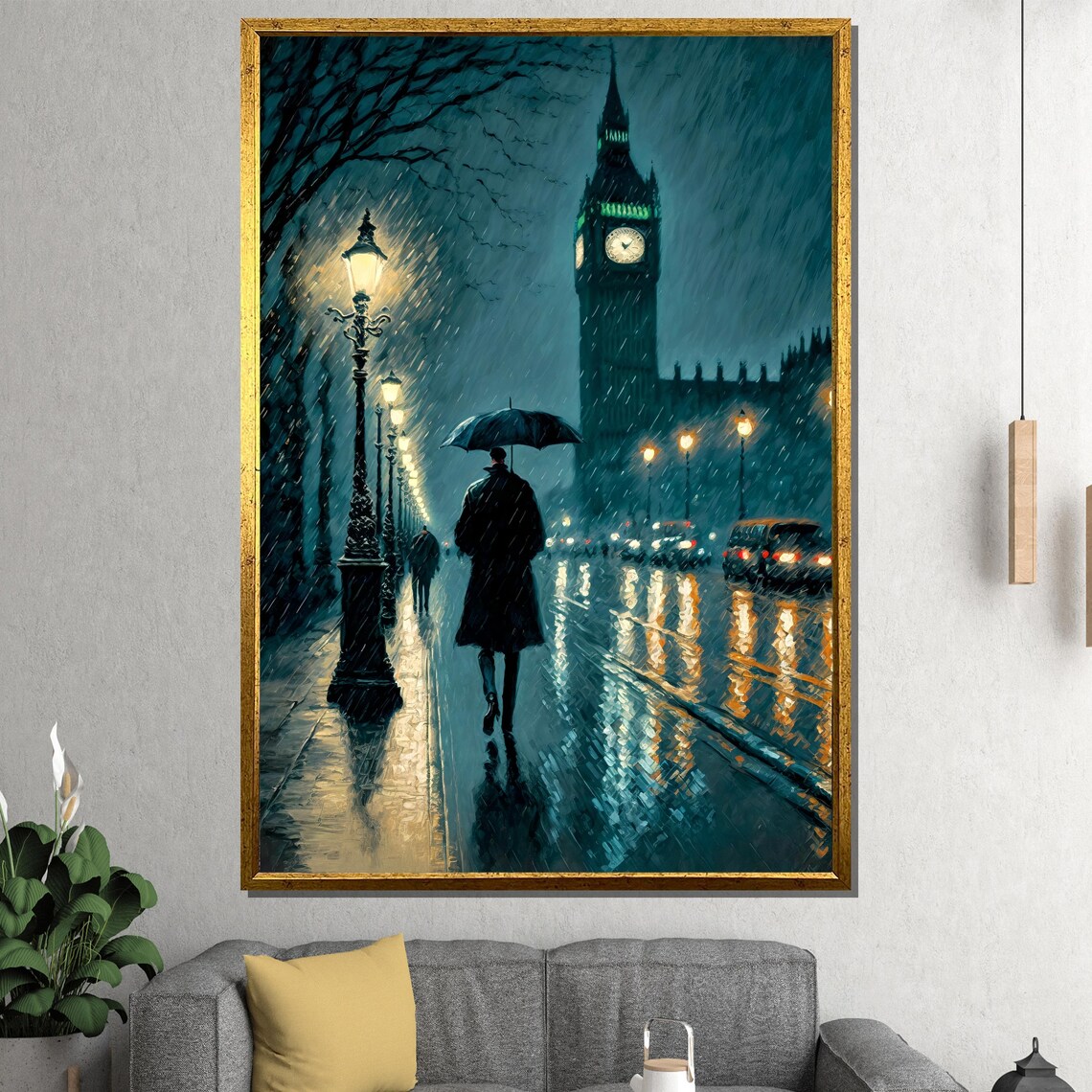 Atmospheric Rainy London Night Street Scene With Big Ben Poster