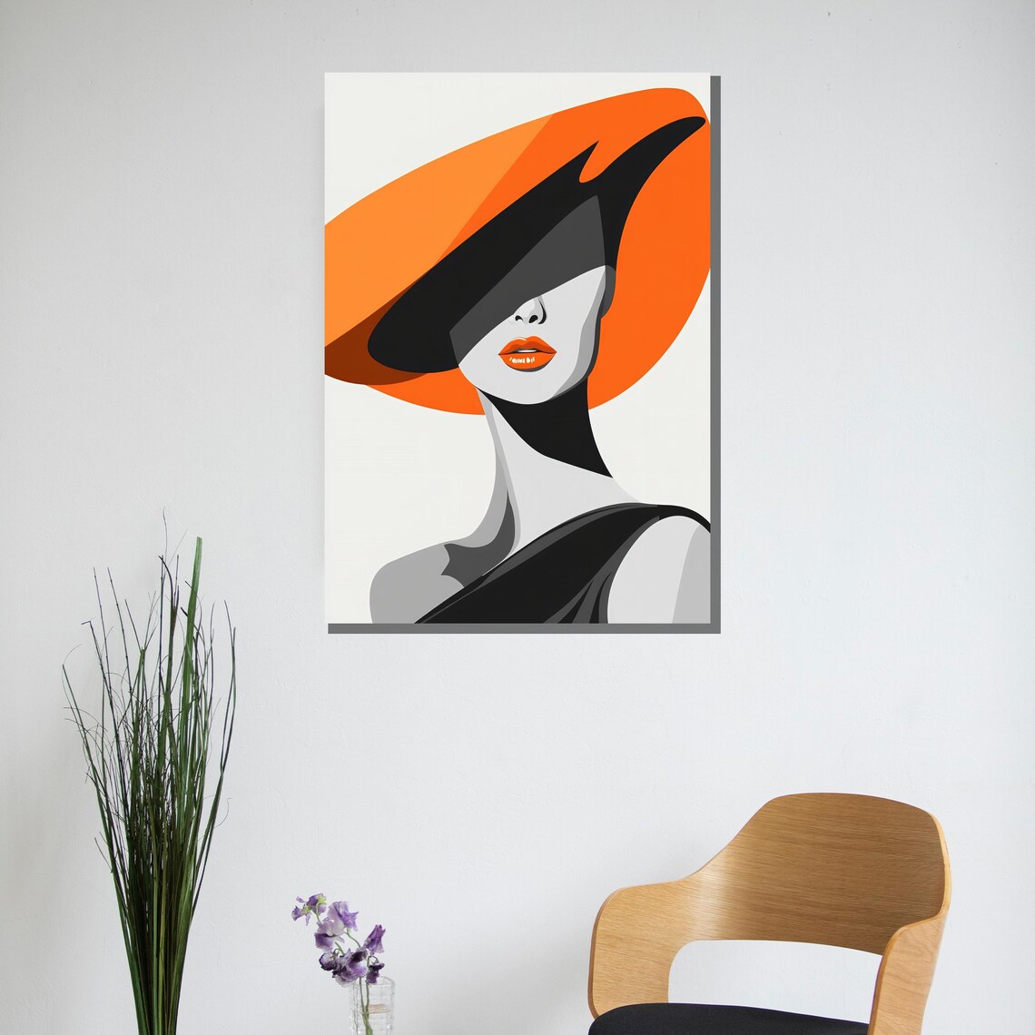 Bold Orange Hat Woman Minimalist Chic Fashion Graphic Wall Art - Image 2