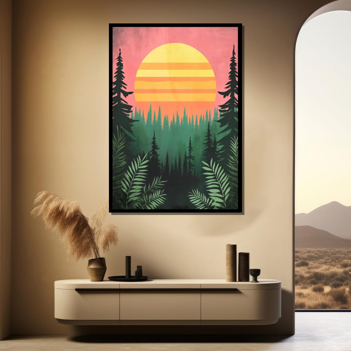 Retro Sunset Forest Silhouette Pine Trees Vibrant Art Poster - Image 4