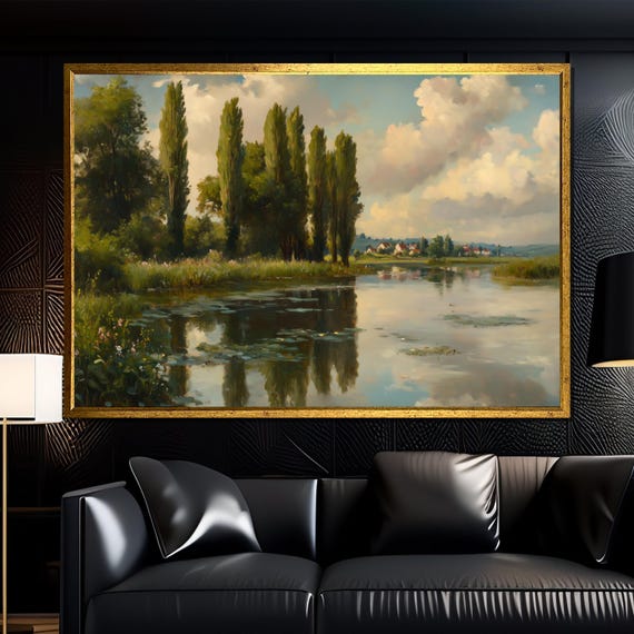Serene Countryside Lake Painting Peaceful Landscape Wall Art For Living Room Nature Inspired Gift For Home Decor