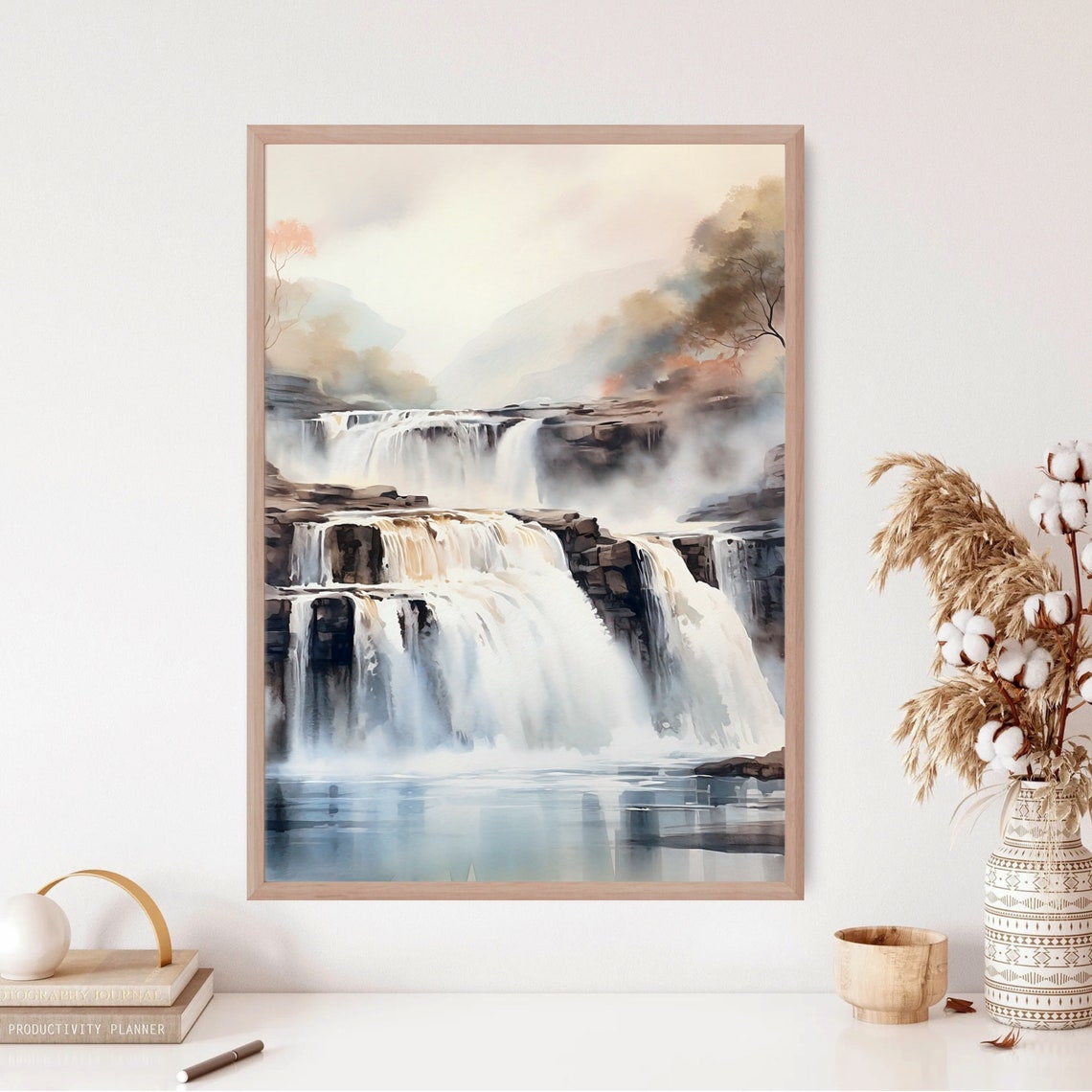 Cascading Waterfall Over Rocks Misty Watercolor Nature Art Poster - Image 5