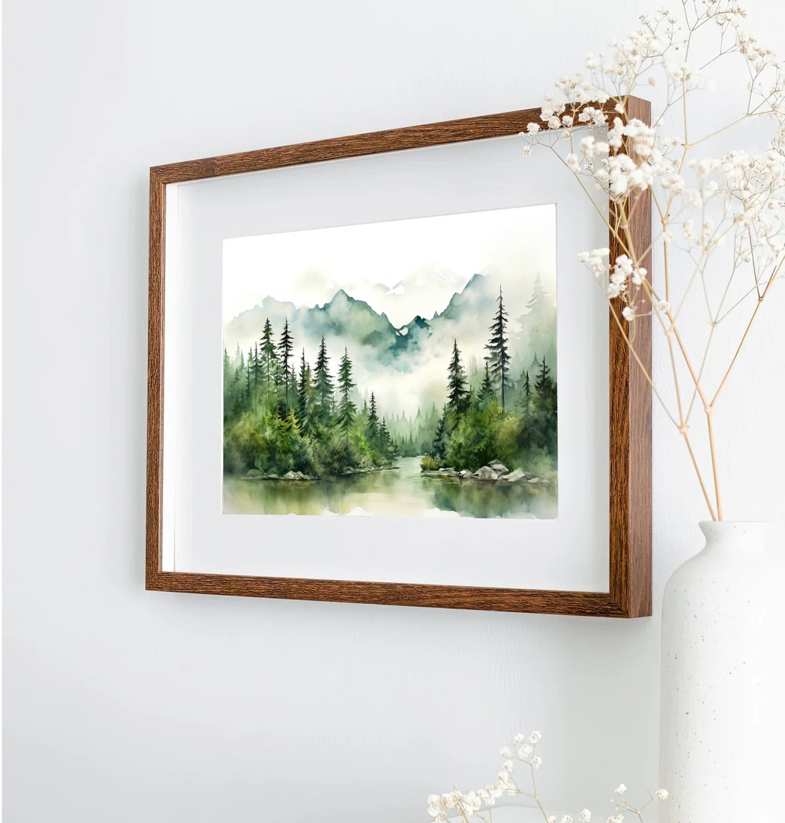 Misty Pine Lake Mountain Reflection Watercolor Art Scene Poster - Image 5