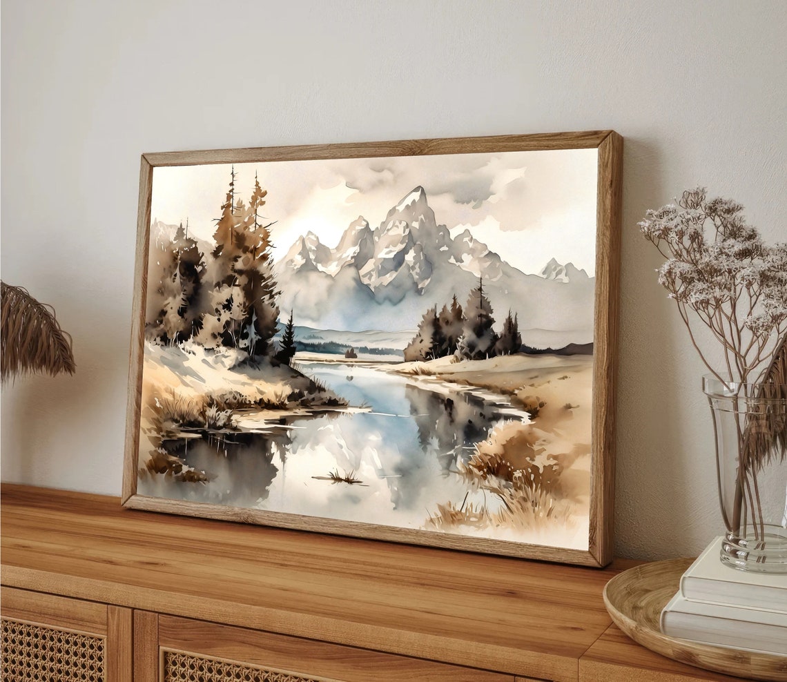 Minimalist Neutral Mountain Lake Pine Calm Watercolor Art Print - Image 2