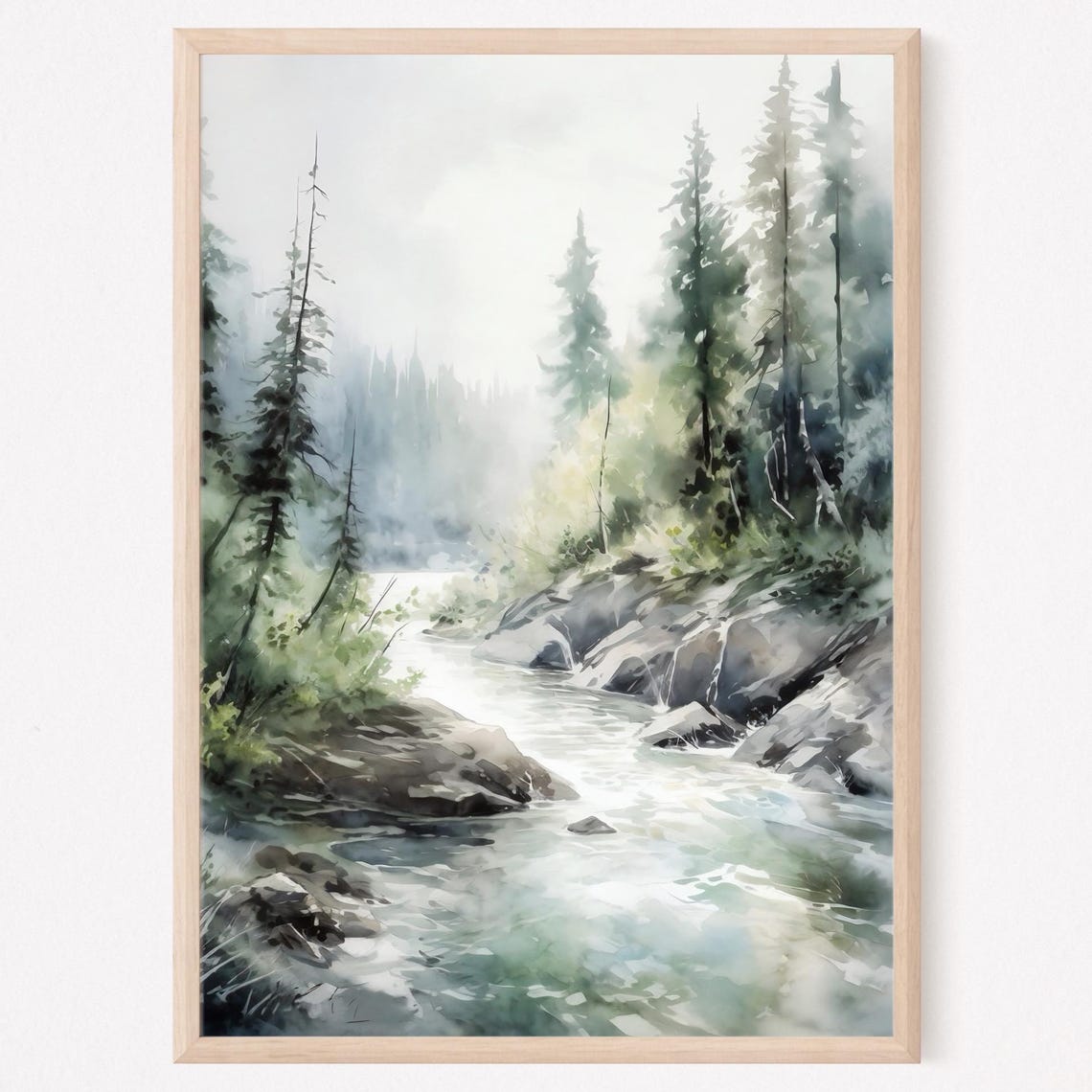 Misty Pine Forest River with Rocky Rapids Watercolor Landscape Poster