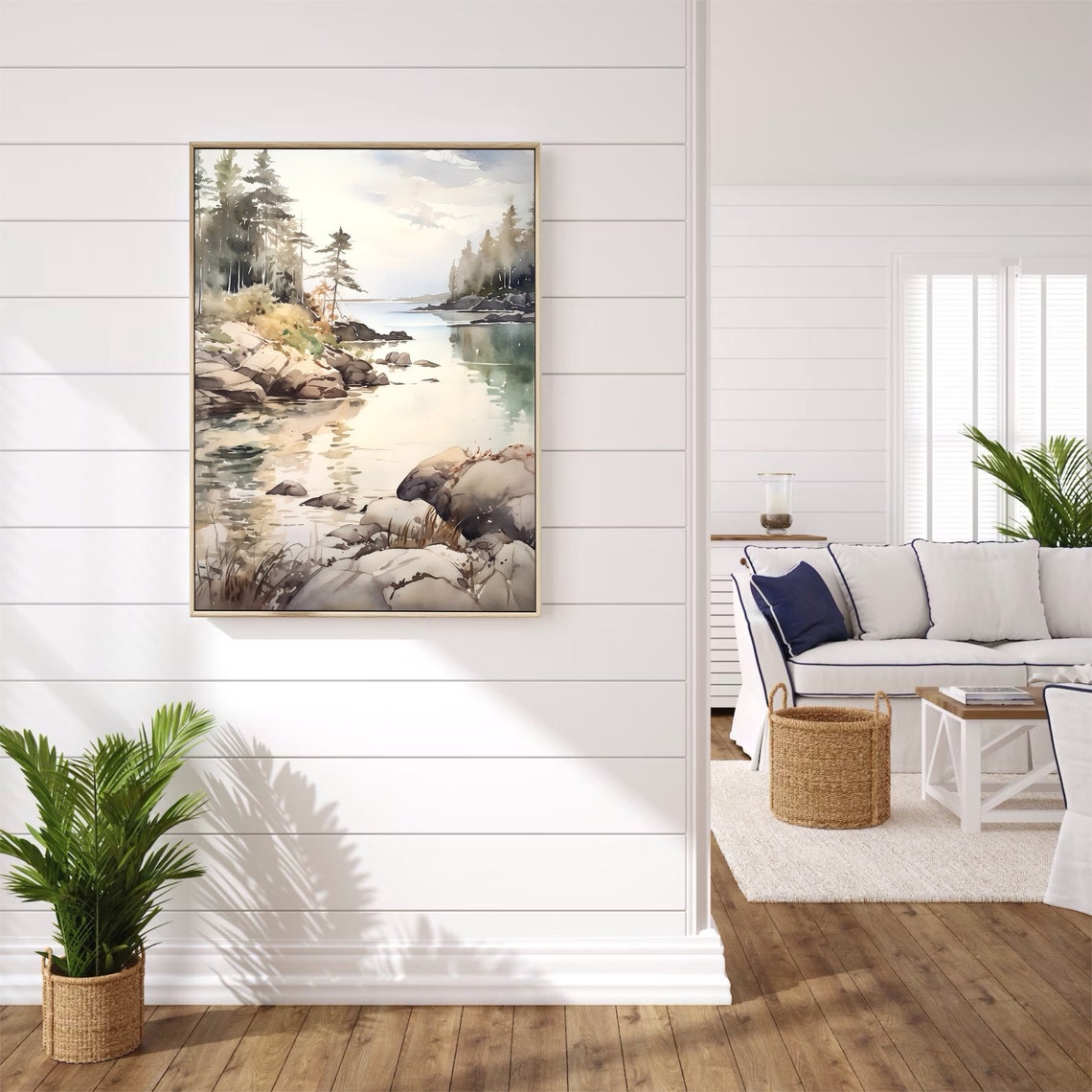 Tranquil Rocky Shoreline Pines Calm Water Watercolor Scenery Poster - Image 3