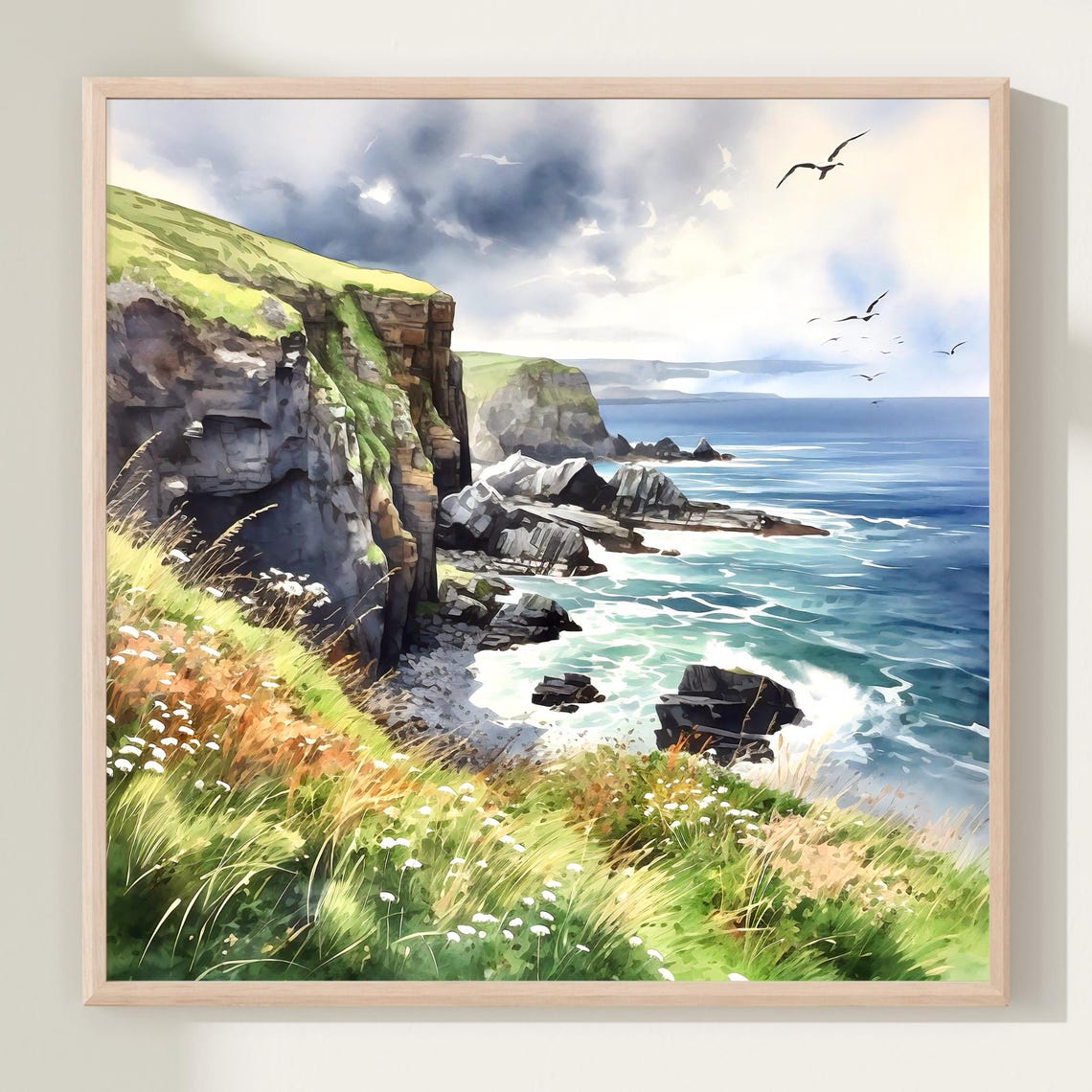 Irish Cliffside Ocean Waves Seabirds Watercolor Nature Art Poster