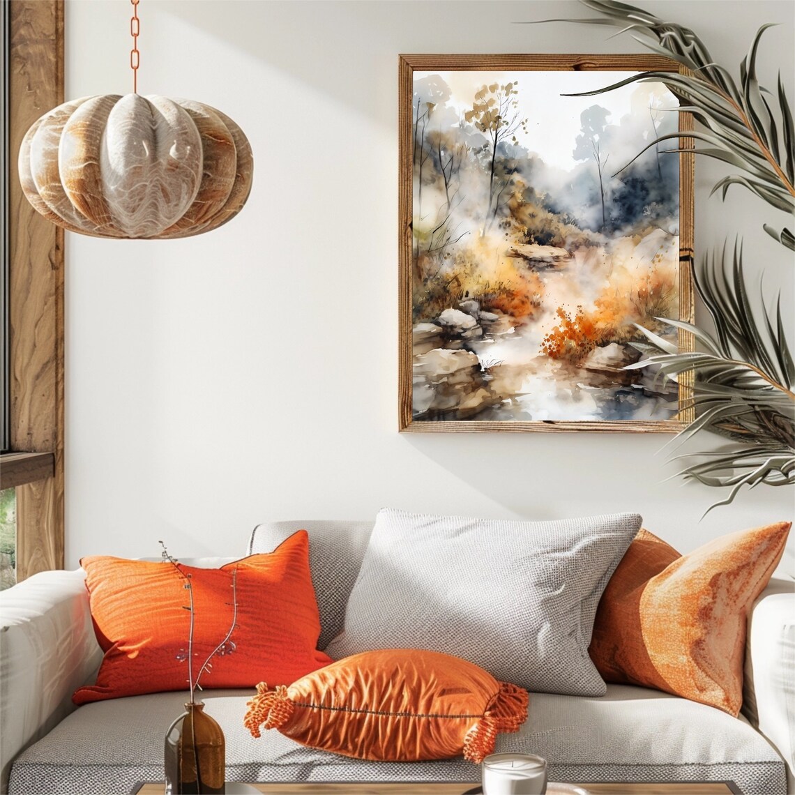Abstract Autumn Creek Orange Splashes Misty Watercolor Art Poster - Image 4