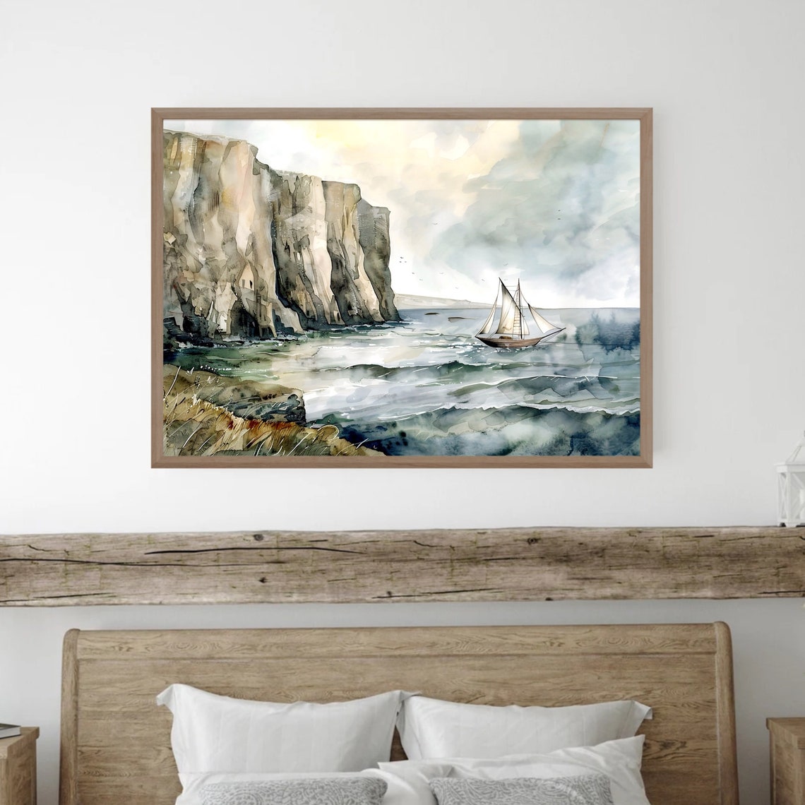 Sailboat Sailing Past Tall Pale Cliffs Watercolor Nautical Poster - Image 4