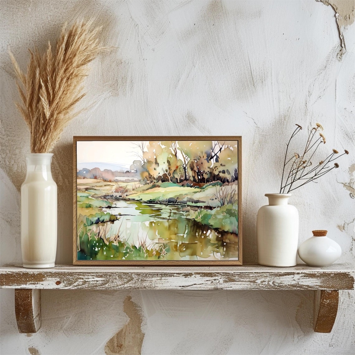 Rural River Winding Through Green Banks Watercolor Landscape Poster - Image 3