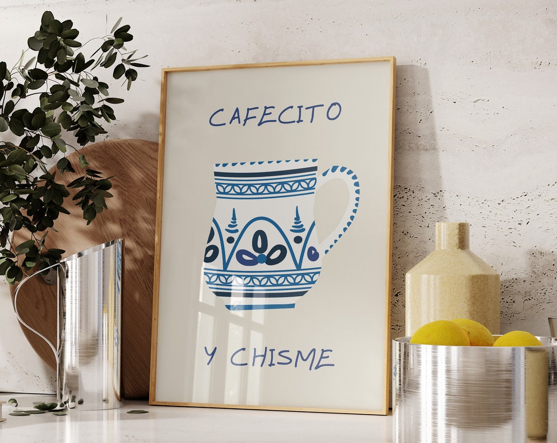 Cafecito y Chisme Blue Talavera Coffee Mug Spanish Kitchen Poster - Image 4