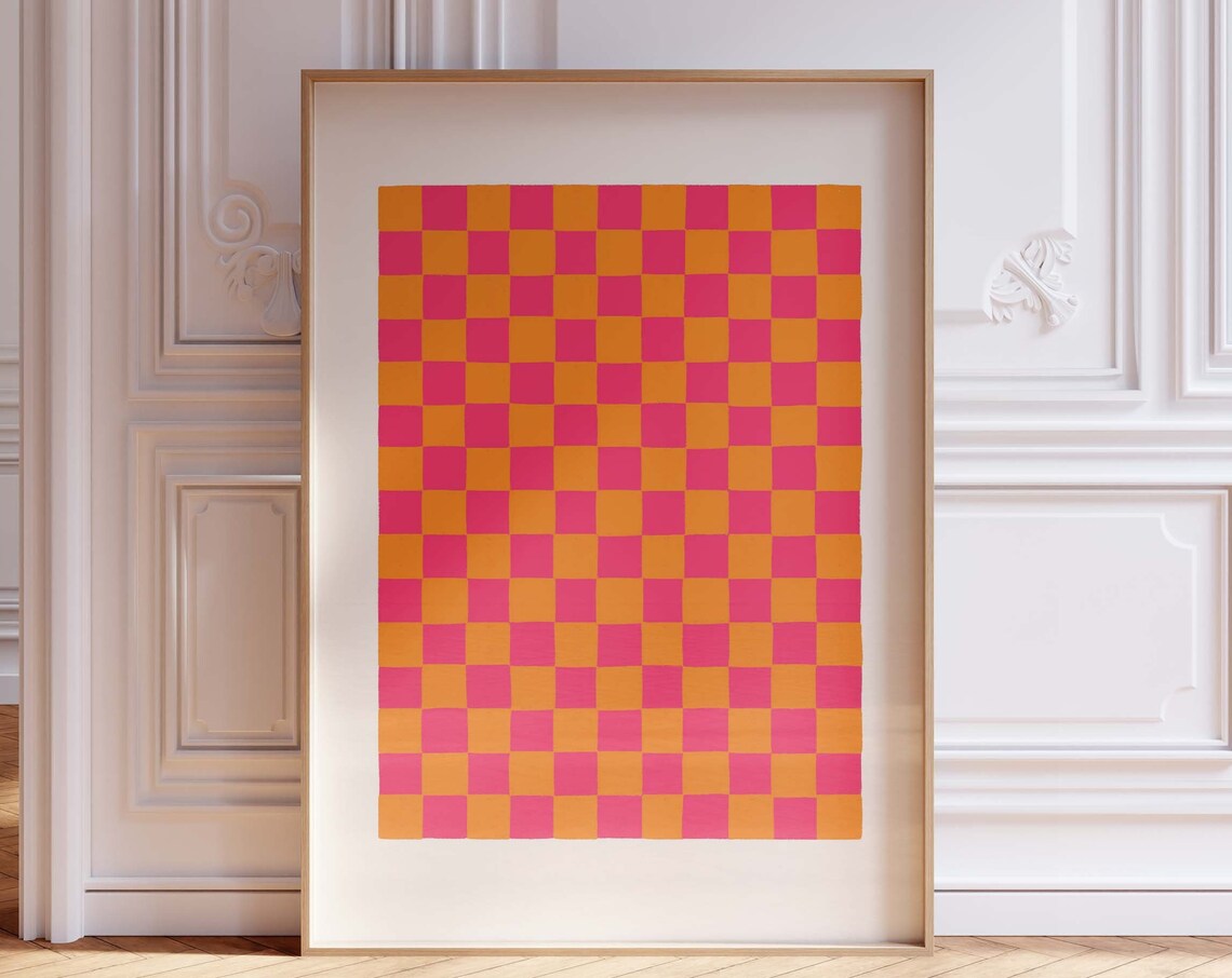 Hot Pink And Orange Checks, Retro Poster Print